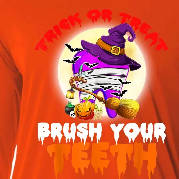 Trick Or Treat Brush Your Teeth Dentist Pun Halloween Dental Gift Cooling Performance Long Sleeve Crew