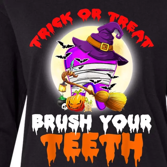 Trick Or Treat Brush Your Teeth Dentist Pun Halloween Dental Gift Womens Cotton Relaxed Long Sleeve T-Shirt