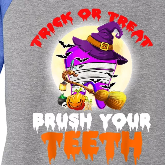 Trick Or Treat Brush Your Teeth Dentist Pun Halloween Dental Gift Women's Tri-Blend 3/4-Sleeve Raglan Shirt