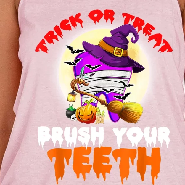 Trick Or Treat Brush Your Teeth Dentist Pun Halloween Dental Gift Women's Knotted Racerback Tank