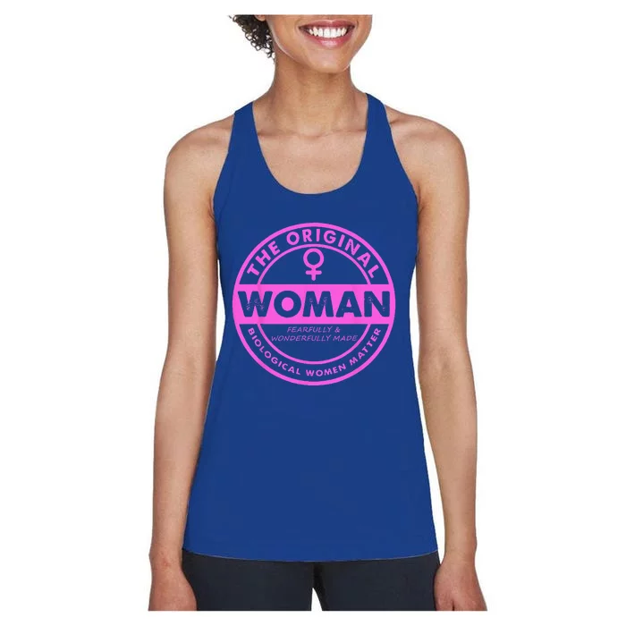 The Original Woman Made Biological Matter Wo Quote Women's Racerback Tank