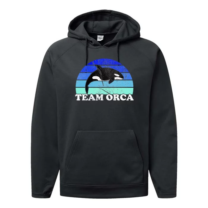 Team Orca Whale Orcas Sea Ocean Retro Sunset Performance Fleece Hoodie