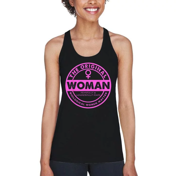 The Original Woman Made Biological Matter Women Quote Women's Racerback Tank