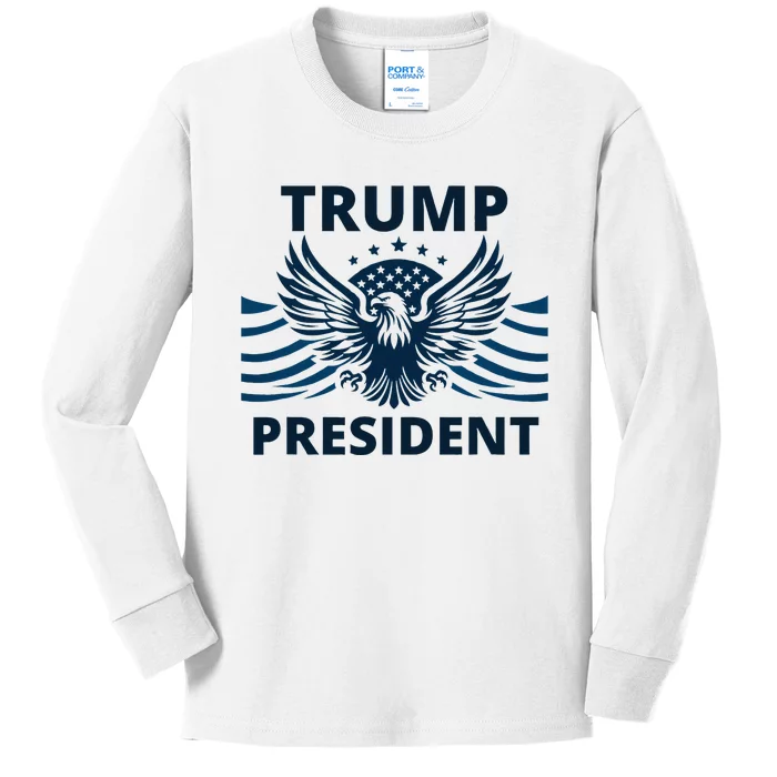 Trump President 2024 Eagle Strong Leadership Kids Long Sleeve Shirt