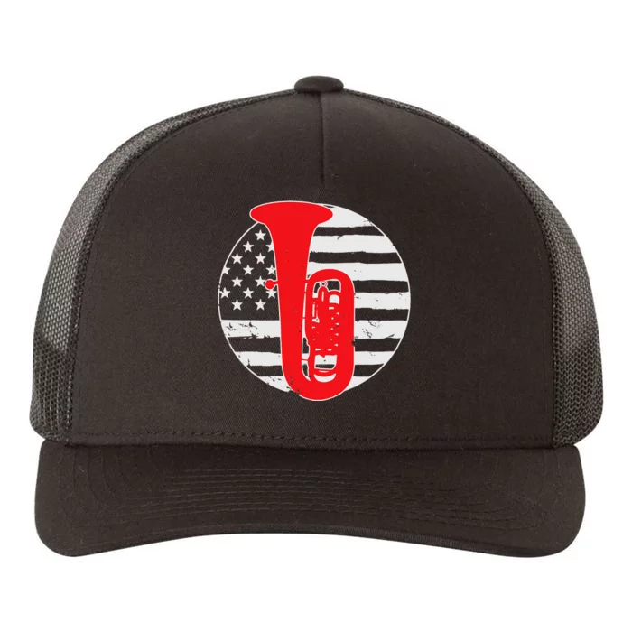 Tuba Player American USA Flag 4th Of July Vintage Yupoong Adult 5-Panel Trucker Hat