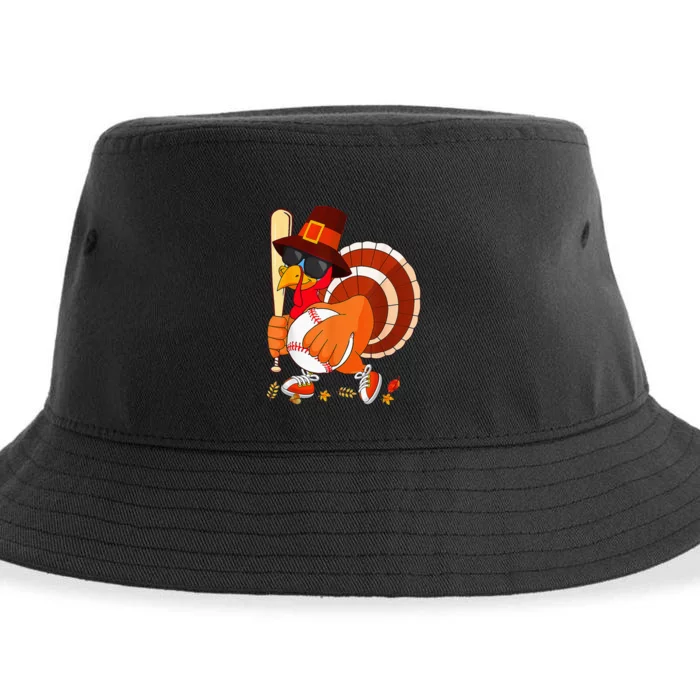 Turkey Playing Baseball Thanksgiving Sustainable Bucket Hat