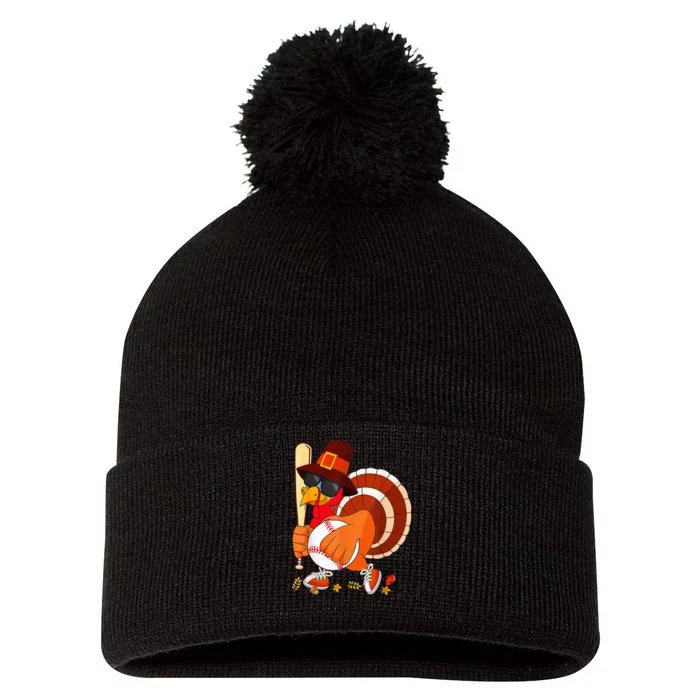 Turkey Playing Baseball Thanksgiving Pom Pom 12in Knit Beanie