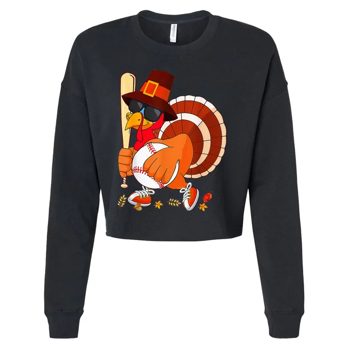 Turkey Playing Baseball Thanksgiving Cropped Pullover Crew