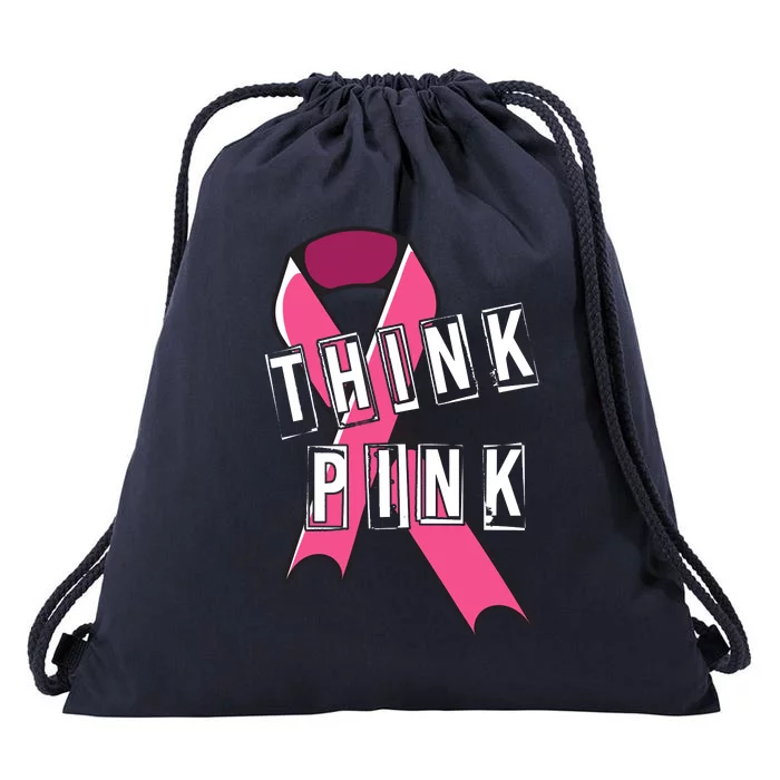 Think Pink Breast Cancer Ribbon Drawstring Bag