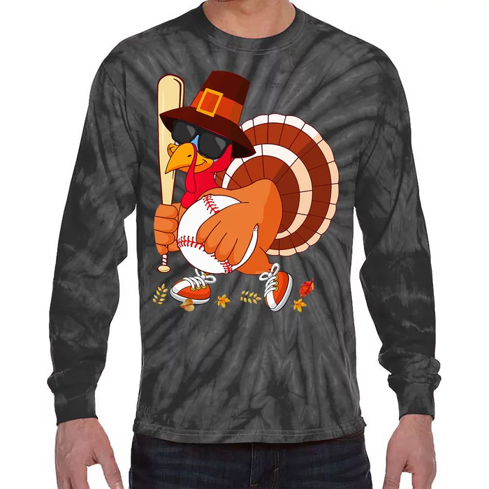 Turkey Playing Baseball Thanksgiving Turkey Baseball Player Tie-Dye Long Sleeve Shirt