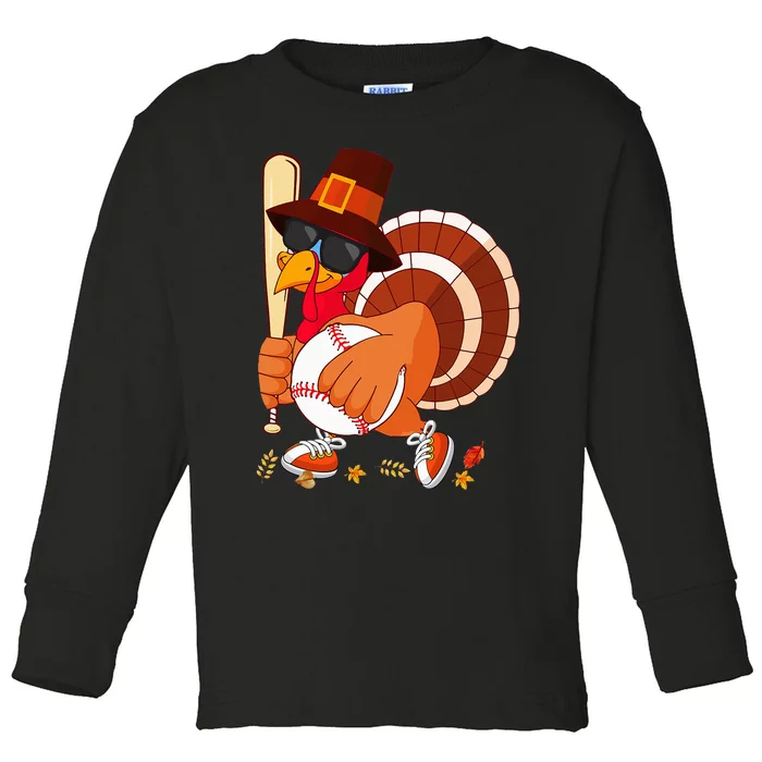 Turkey Playing Baseball Thanksgiving Turkey Baseball Player Toddler Long Sleeve Shirt