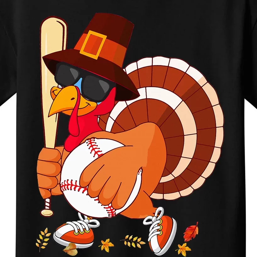 Turkey Playing Baseball Thanksgiving Turkey Baseball Player Kids T-Shirt