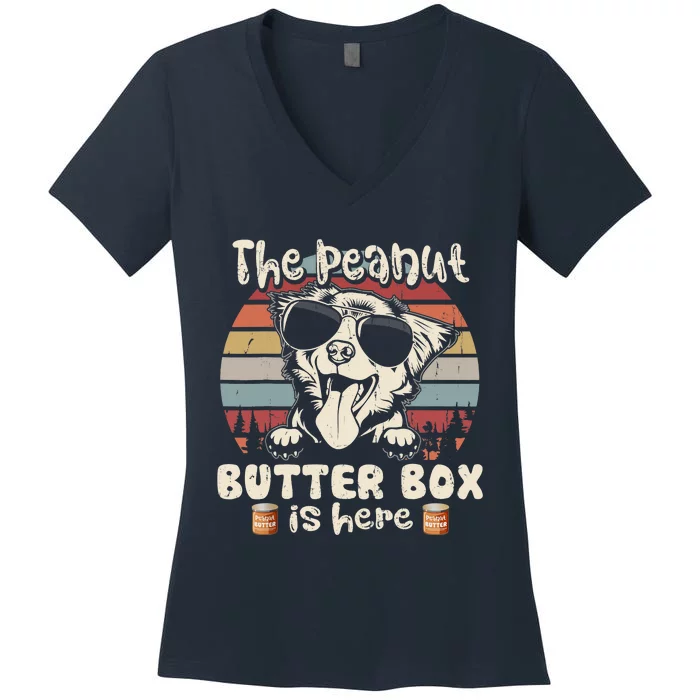 The Peanut Butter Box Is Here Funny Australian Shepherd Women's V-Neck T-Shirt