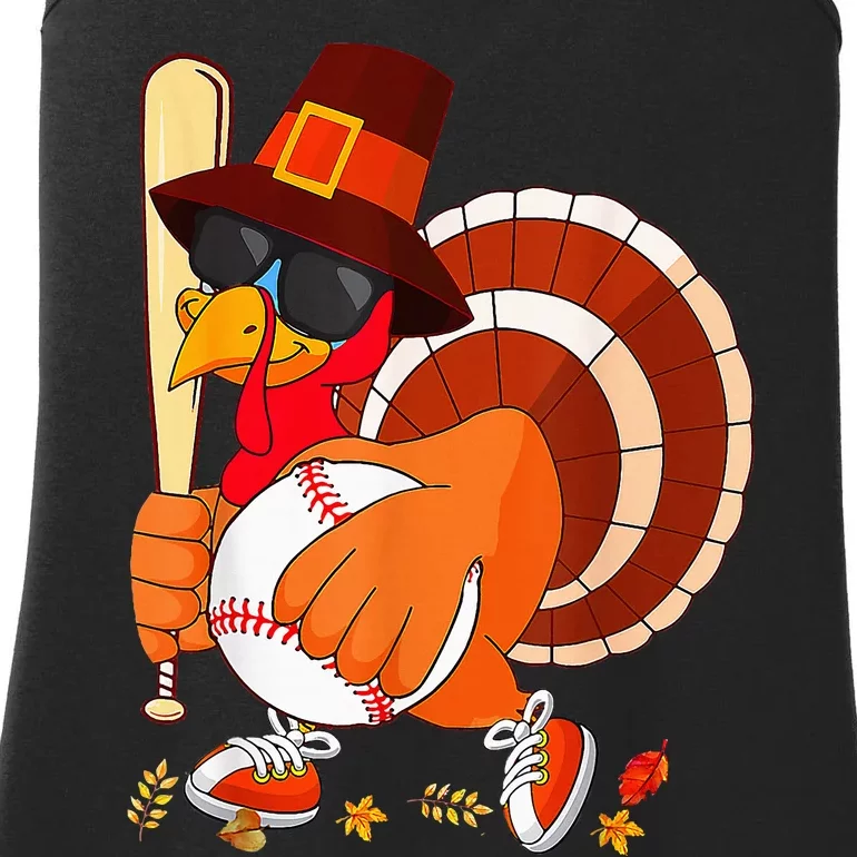 Turkey Playing Baseball Thanksgiving Ladies Essential Tank