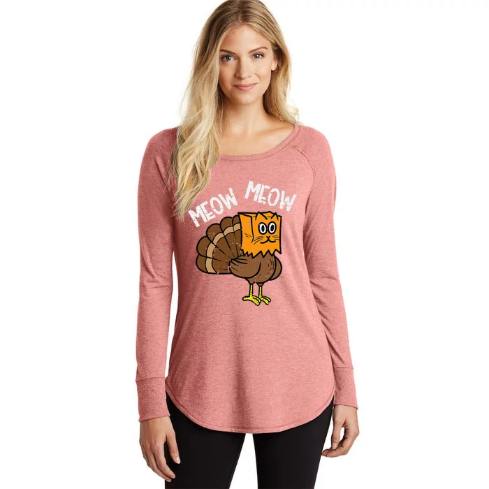 Turkey Paper Bag Meow Funny Thanksgiving Cat Women's Perfect Tri Tunic Long Sleeve Shirt