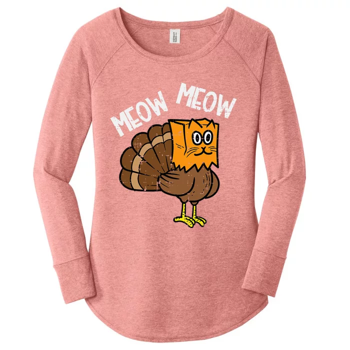 Turkey Paper Bag Meow Funny Thanksgiving Cat Women's Perfect Tri Tunic Long Sleeve Shirt