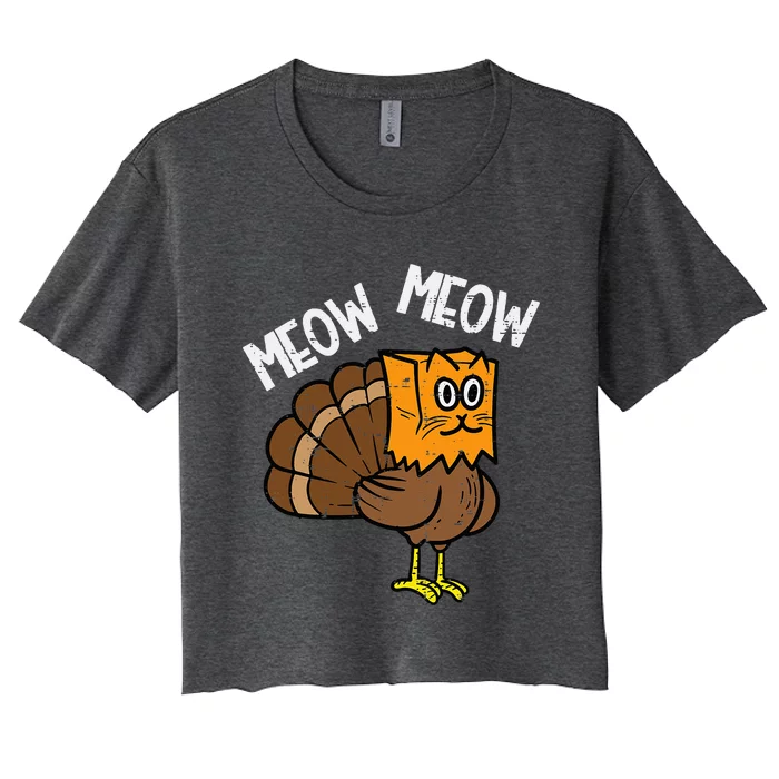 Turkey Paper Bag Meow Funny Thanksgiving Cat Women's Crop Top Tee