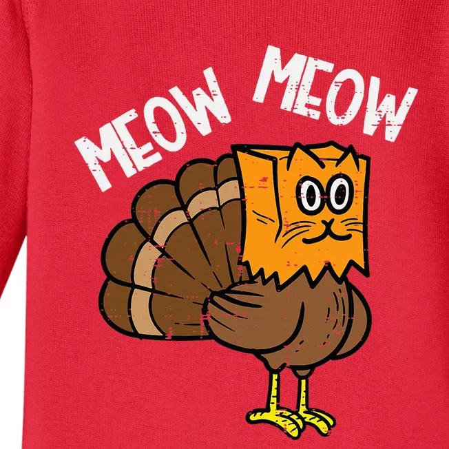 Turkey Paper Bag Meow Funny Thanksgiving Cat Baby Long Sleeve Bodysuit