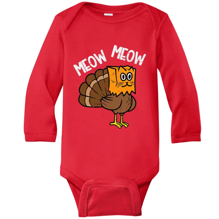 Turkey Paper Bag Meow Funny Thanksgiving Cat Baby Long Sleeve Bodysuit