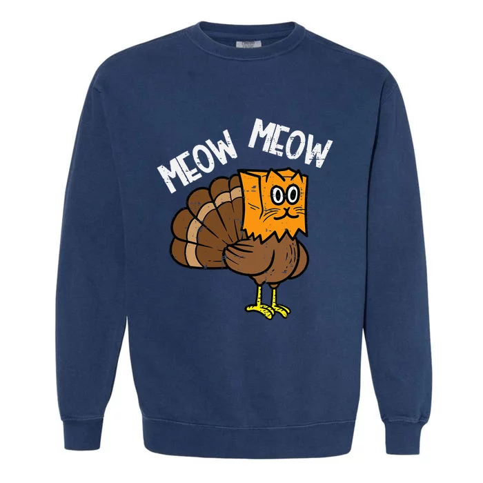 Turkey Paper Bag Meow Thanksgiving Cat Garment-Dyed Sweatshirt