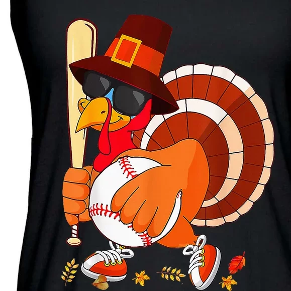 Turkey Playing Baseball Thanksgiving Ladies Essential Flowy Tank