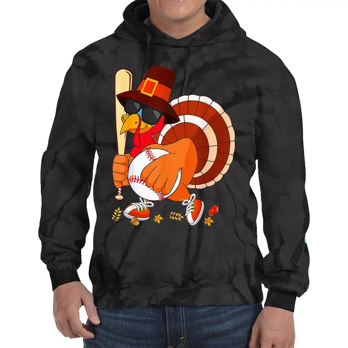 Turkey Playing Baseball Thanksgiving Tie Dye Hoodie