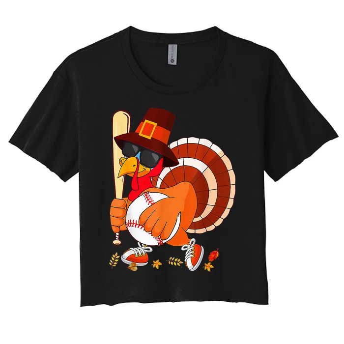 Turkey Playing Baseball Thanksgiving Women's Crop Top Tee