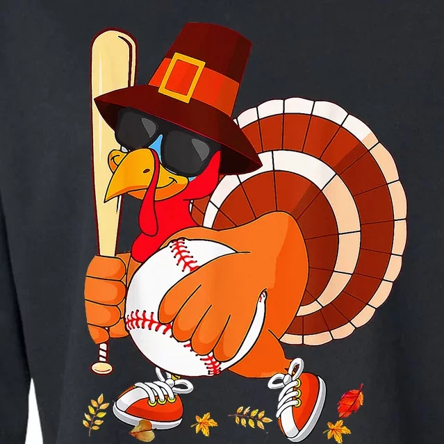 Turkey Playing Baseball Thanksgiving Cropped Pullover Crew