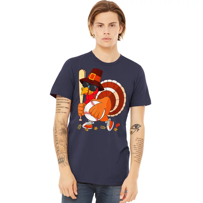 Turkey Playing Baseball Thanksgiving Premium T-Shirt