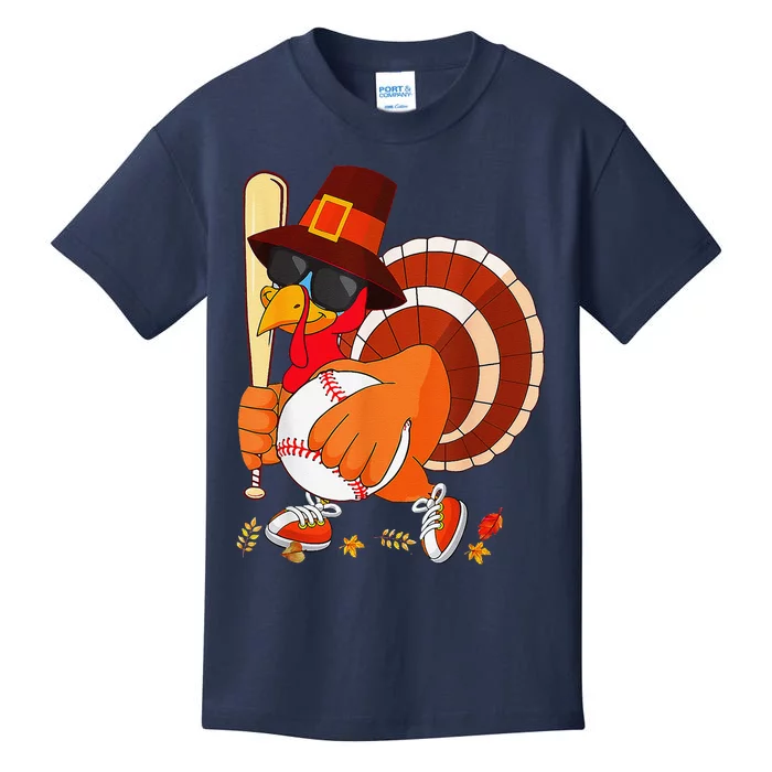 Turkey Playing Baseball Thanksgiving Kids T-Shirt