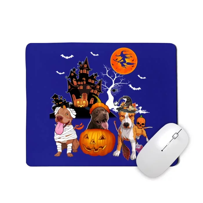 Three Pit Bulls Halloween Mummy Scary Witch With Pumpkins Cute Gift Mousepad