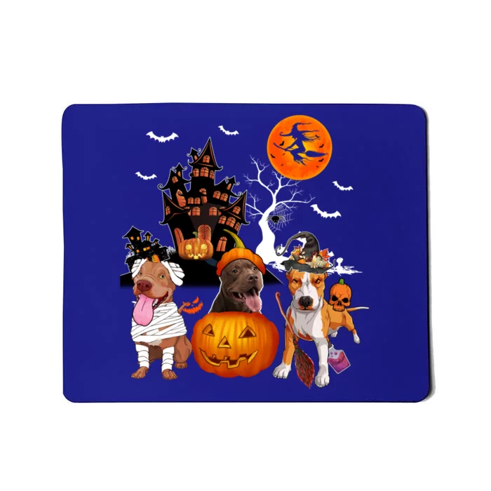 Three Pit Bulls Halloween Mummy Scary Witch With Pumpkins Cute Gift Mousepad