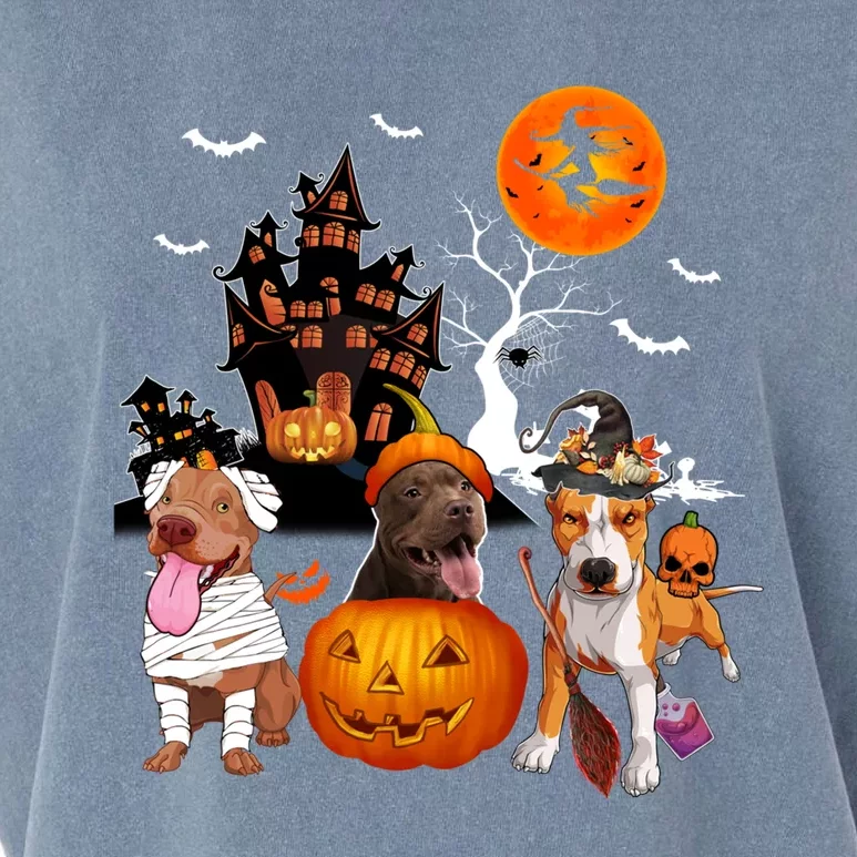 Three Pit Bulls Halloween Mummy Scary Witch With Pumpkins Cute Gift Garment-Dyed Women's Muscle Tee