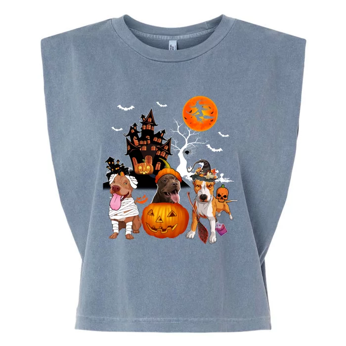 Three Pit Bulls Halloween Mummy Scary Witch With Pumpkins Cute Gift Garment-Dyed Women's Muscle Tee