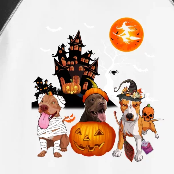 Three Pit Bulls Halloween Mummy Scary Witch With Pumpkins Cute Gift Toddler Fine Jersey T-Shirt