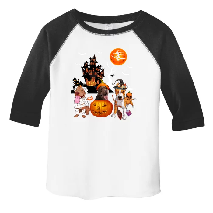 Three Pit Bulls Halloween Mummy Scary Witch With Pumpkins Cute Gift Toddler Fine Jersey T-Shirt