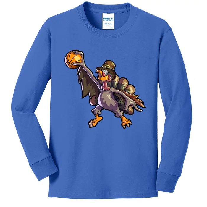 Turkey Playing Basketball Thanksgiving Boys Turkey Gift Kids Long Sleeve Shirt