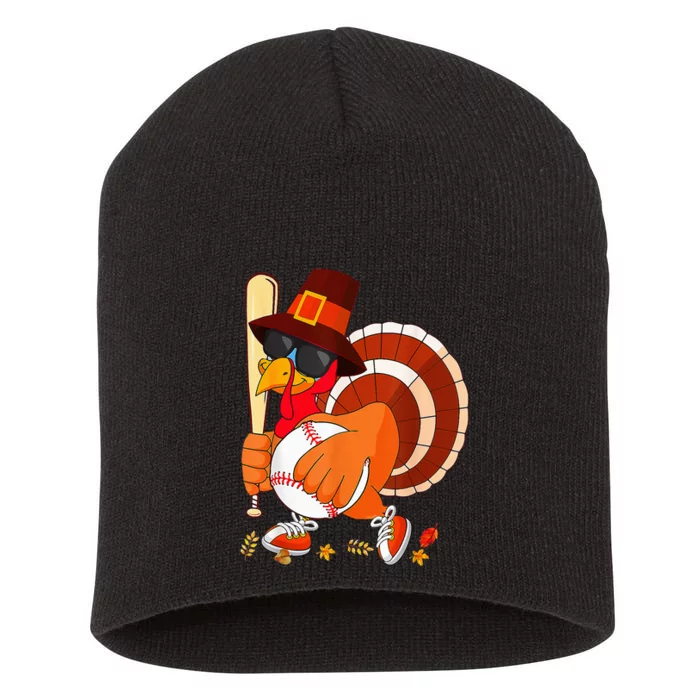 Turkey Playing Baseball Thanksgiving Short Acrylic Beanie