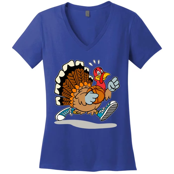 Turkey Playing Basketball Thanksgiving Boys Turkey Gift Women's V-Neck T-Shirt