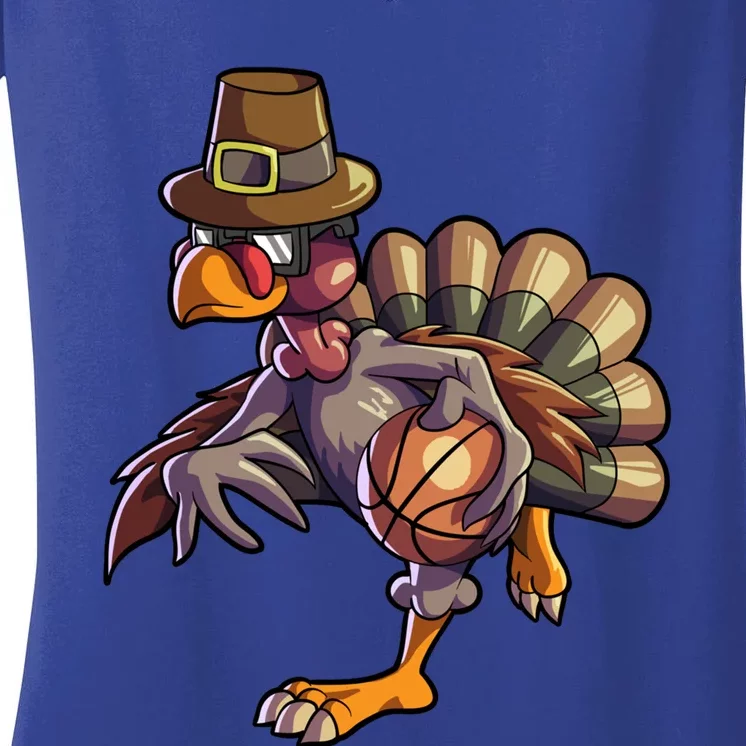 Turkey Playing Basketball Thanksgiving Boys Turkey Gift Women's V-Neck T-Shirt