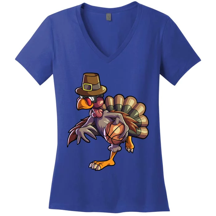 Turkey Playing Basketball Thanksgiving Boys Turkey Gift Women's V-Neck T-Shirt