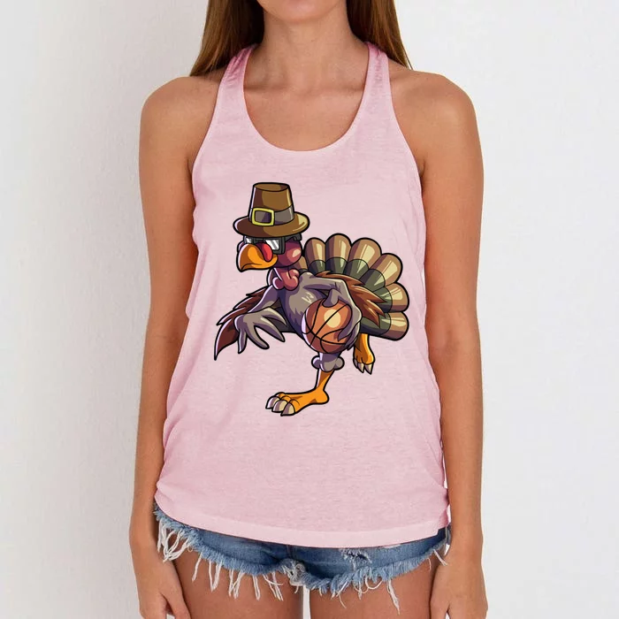 Turkey Playing Basketball Thanksgiving Boys Turkey Gift Women's Knotted Racerback Tank