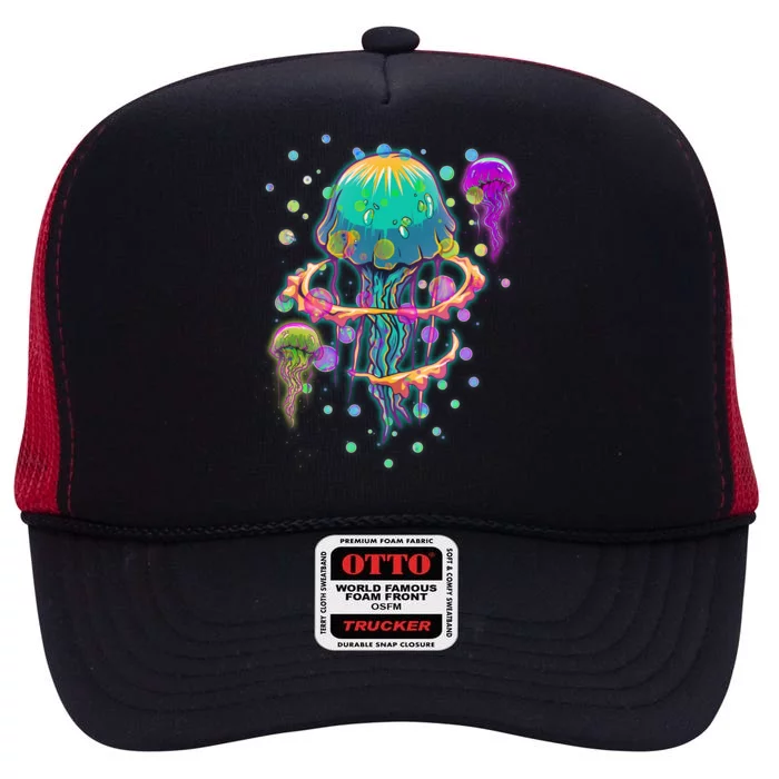 Trippy Psychedelic Colorful Jellyfish High Crown Mesh Trucker Hat