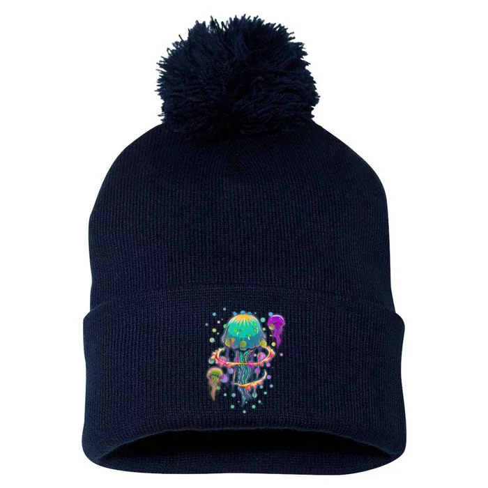 Trippy Psychedelic Colorful Jellyfish Pom Pom 12in Knit Beanie