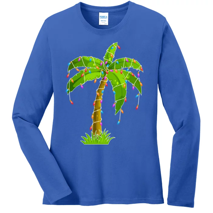 Tropical Palm Christmas Tree With Lights Funny Xmas Novelty Gift Ladies Long Sleeve Shirt