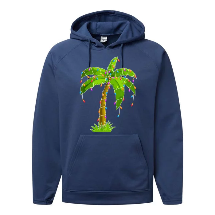 Tropical Palm Christmas Tree With Lights Funny Xmas Novelty Gift Performance Fleece Hoodie