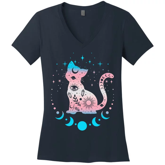 Transg Pride Flag Colors Astronomy Cat Women's V-Neck T-Shirt