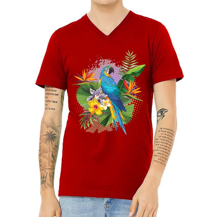 Tropical Paradise Flower Parrot V-Neck T-Shirt