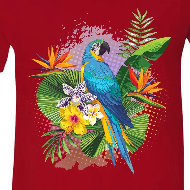 Tropical Paradise Flower Parrot V-Neck T-Shirt