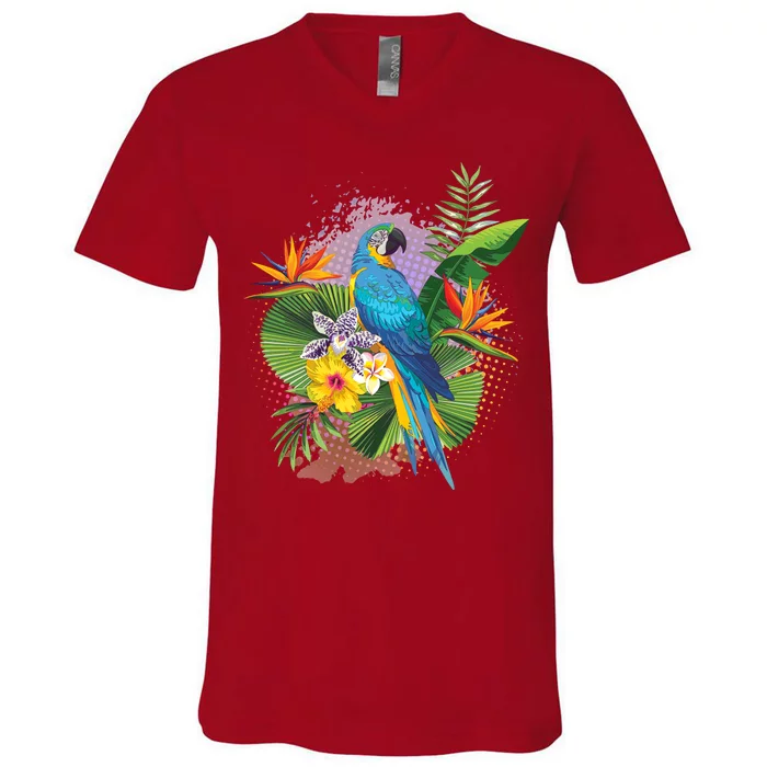 Tropical Paradise Flower Parrot V-Neck T-Shirt